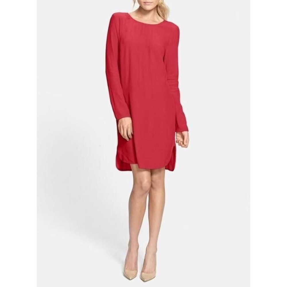 WAYF Size XS Red Long Sleeve Crepe Shift Dress‎ Lightweight Viscose Made in USA